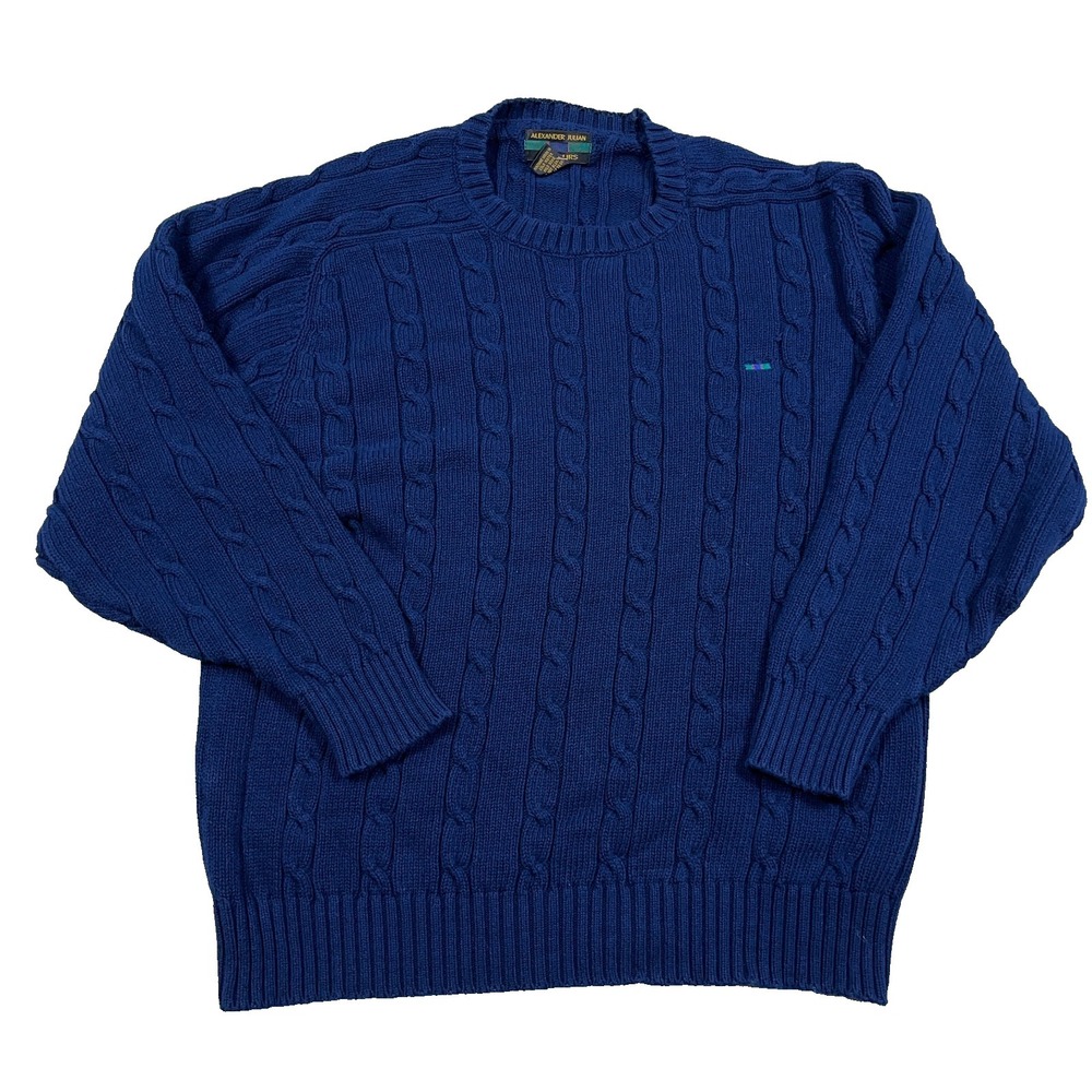 Vintage Grandpa Sweater Men Large Navy Blue Cable Knit Textured 90s Crewneck Rib